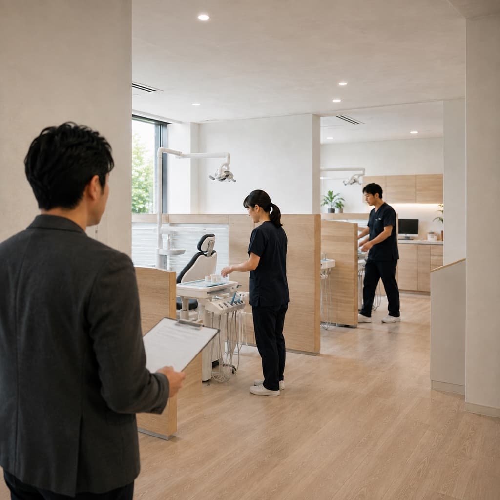診療フロアをスクラブ姿のスタッフが行き来している