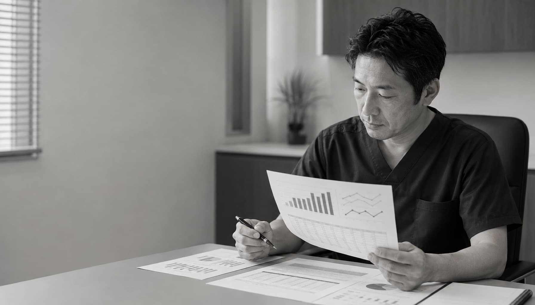 スクラブ姿の歯科医院院長が、デスクで売上グラフと集計表の印刷資料を読み込んでいる様子